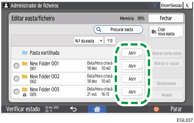 Ilustração do ecrã do painel de operação