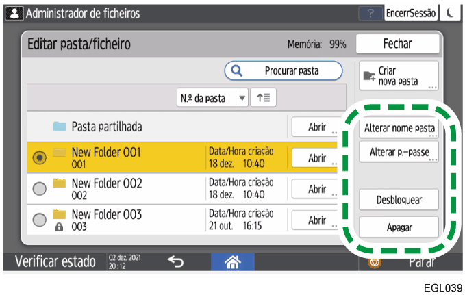 Ilustração do ecrã do painel de operação