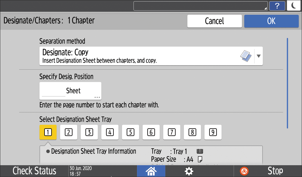 Ilustração do ecrã do painel de operação