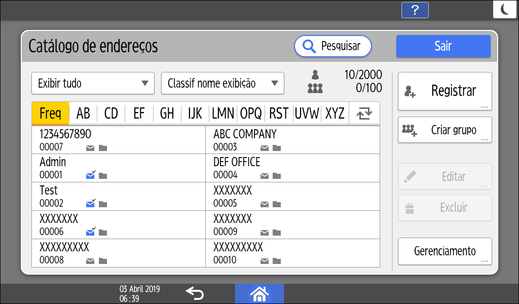 Ilustração da tela do painel de operação