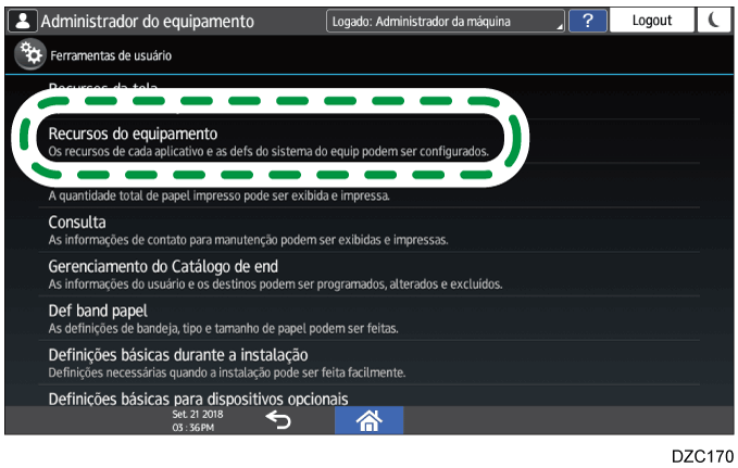Ilustração da tela do painel de operação