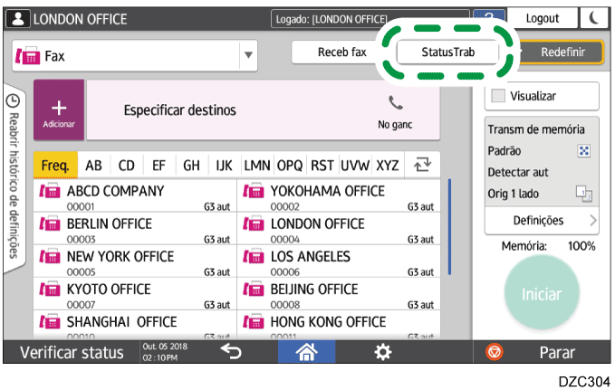 Ilustração da tela do painel de operação
