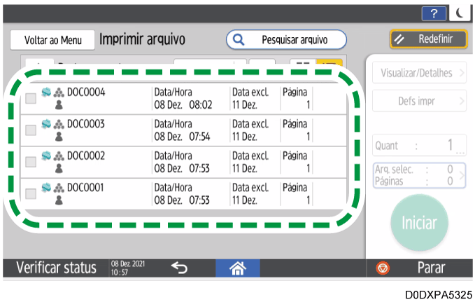 Ilustração da tela do painel de operação