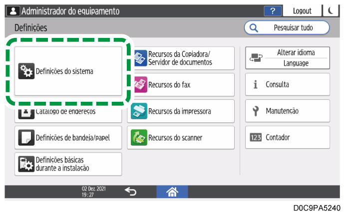 Ilustração da tela do painel de operação