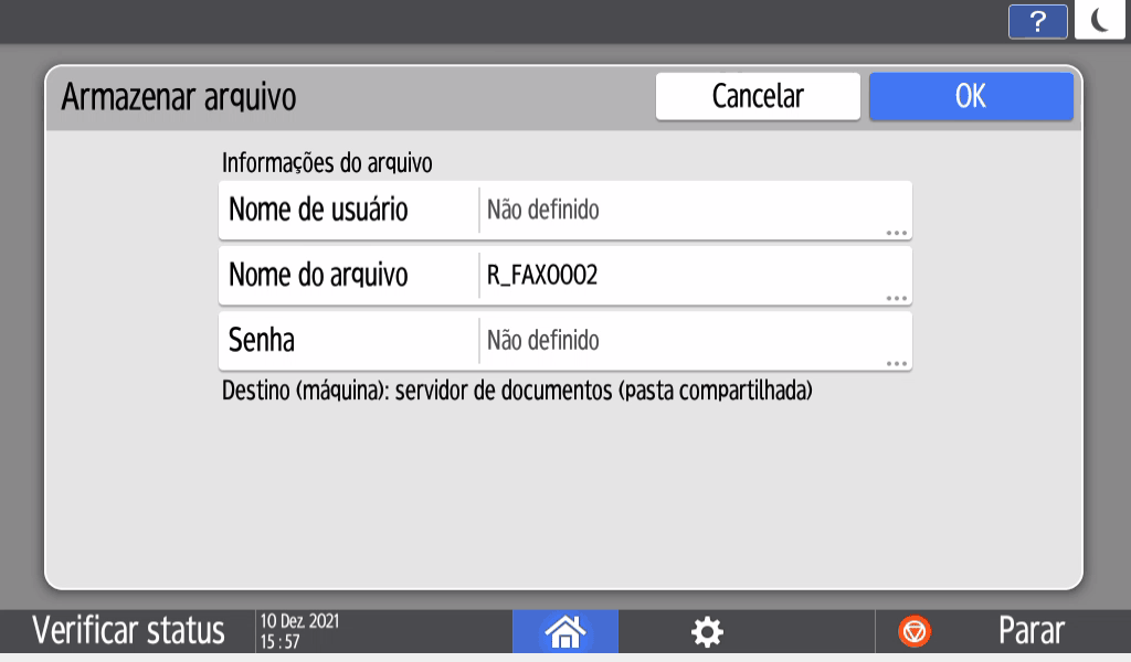 Ilustração da tela do painel de operação