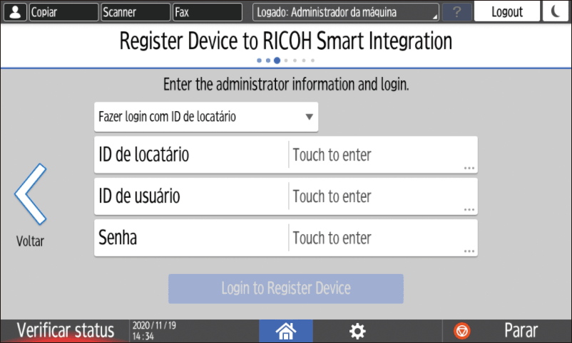 Ilustração da tela do painel de operação