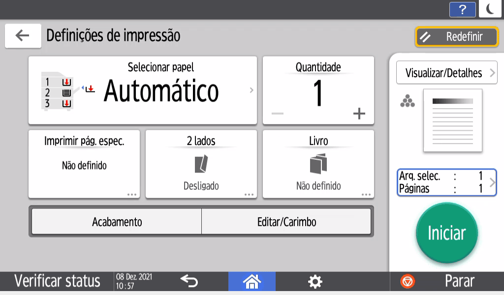 Ilustração da tela do painel de operação