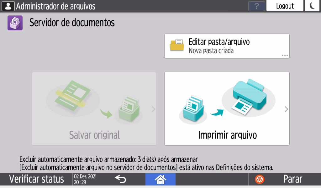 Ilustração da tela do painel de operação