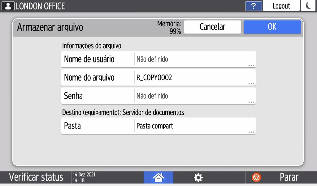 Ilustração da tela do painel de operação