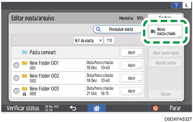 Ilustração da tela do painel de operação