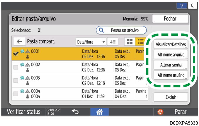 Ilustração da tela do painel de operação