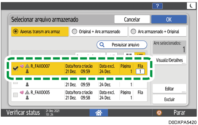 Ilustração da tela do painel de operação