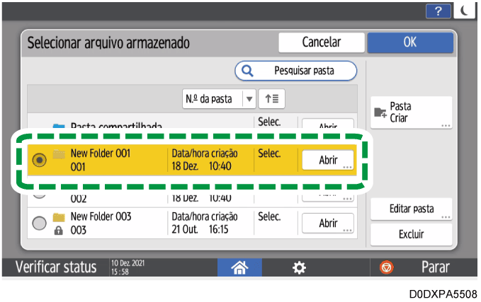 Ilustração da tela do painel de operação