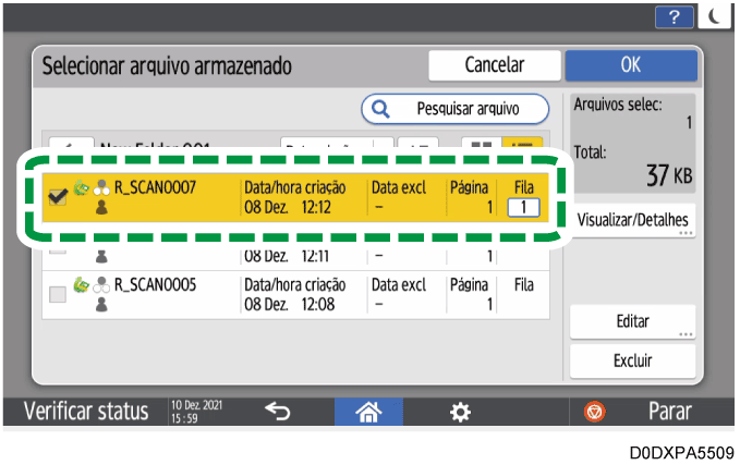 Ilustração da tela do painel de operação