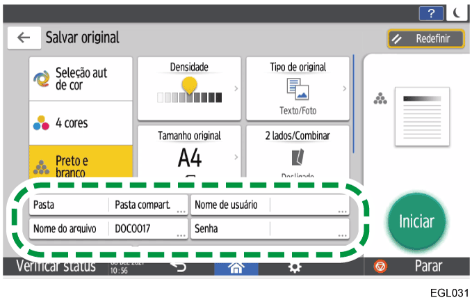Ilustração da tela do painel de operação