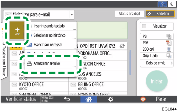 Ilustração da tela do painel de operação