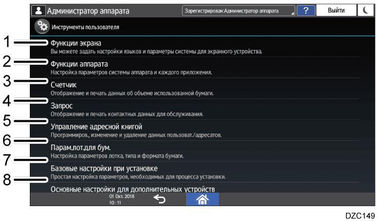 Иллюстрация экрана панели управления с пронумерованными сносками