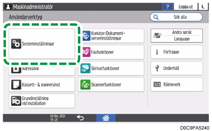 Bild på användarpanelens skärm