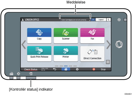 Nummereret illustration af skærmbilledet på betjeningspanelet
