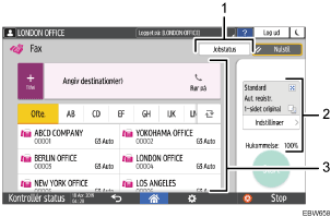 Nummereret illustration af skærmbilledet på betjeningspanelet