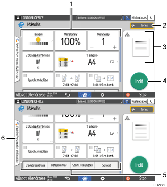 Kezelőpanel képernyőjének számozott jelölésű illusztrálása