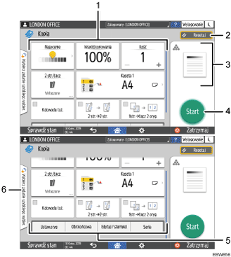 Ilustracja ekranu panela oznaczona numerowanymi odsyłaczami