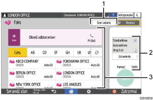 Ilustracja ekranu panela oznaczona numerowanymi odsyłaczami