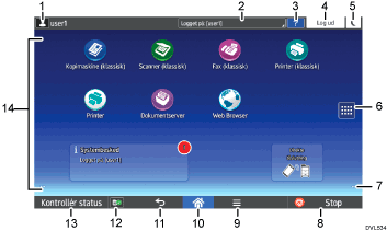 Nummereret illustration af skærmbilledet på betjeningspanelet