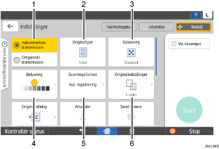 Nummereret illustration af skærmbilledet på betjeningspanelet