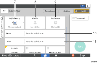 Nummereret illustration af skærmbilledet på betjeningspanelet