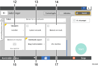 Nummereret illustration af skærmbilledet på betjeningspanelet