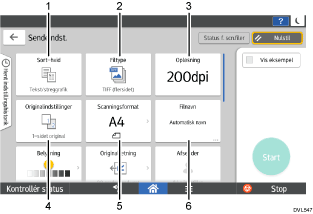 Nummereret illustration af skærmbilledet på betjeningspanelet