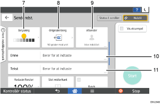 Nummereret illustration af skærmbilledet på betjeningspanelet