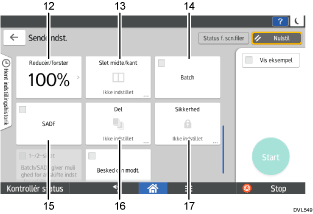 Nummereret illustration af skærmbilledet på betjeningspanelet