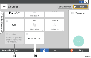 Nummereret illustration af skærmbilledet på betjeningspanelet