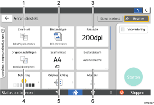 Genummerde afbeelding van het scherm van het bedieningspaneel