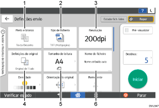 Ilustração com numeração do ecrã do painel de operação