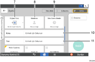 İşletim paneli ekran gösterimi numaralandırılmış açıklamalı görsel