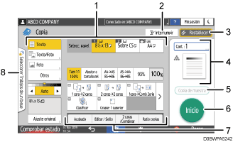 Ilustración con llamadas numeradas de la pantalla del panel de mandos