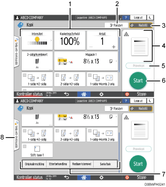 Illustrasjon av betjeningspanelet med nummererte bildetekster