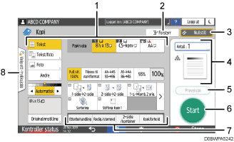 Illustrasjon av betjeningspanelet med nummererte bildetekster