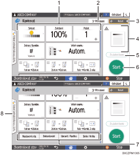 Číslovaná ilustrace ovládacího panelu zařízení