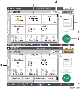 Nummereret illustration af skærmbilledet på betjeningspanelet