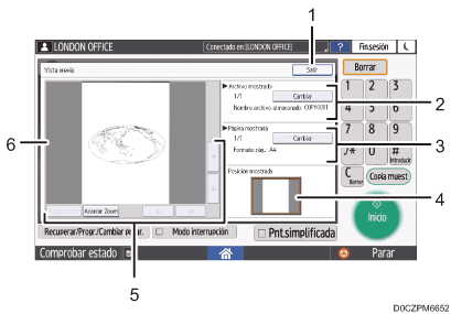 Ilustración con llamadas numeradas de la pantalla del panel de mandos