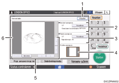 Genummerde afbeelding van het scherm van het bedieningspaneel