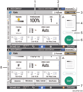 Ilustracja ekranu panela oznaczona numerowanymi odsyłaczami
