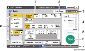 Ilustracja ekranu panela oznaczona numerowanymi odsyłaczami