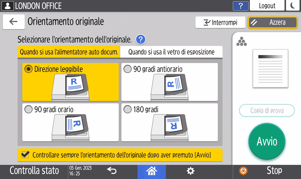 Illustrazione della schermata sul pannello di controllo
