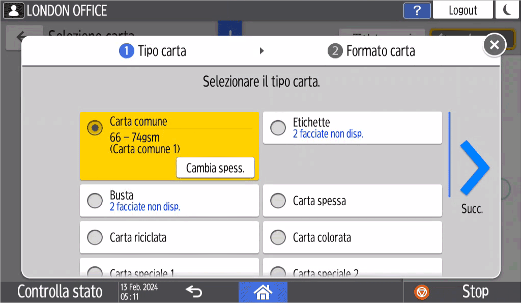 Illustrazione della schermata sul pannello di controllo