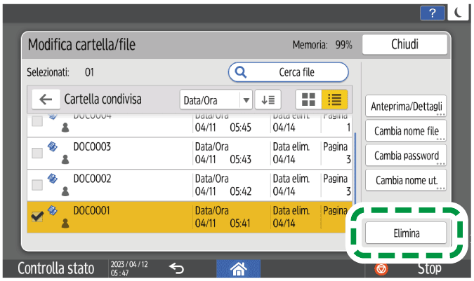 Illustrazione della schermata sul pannello di controllo